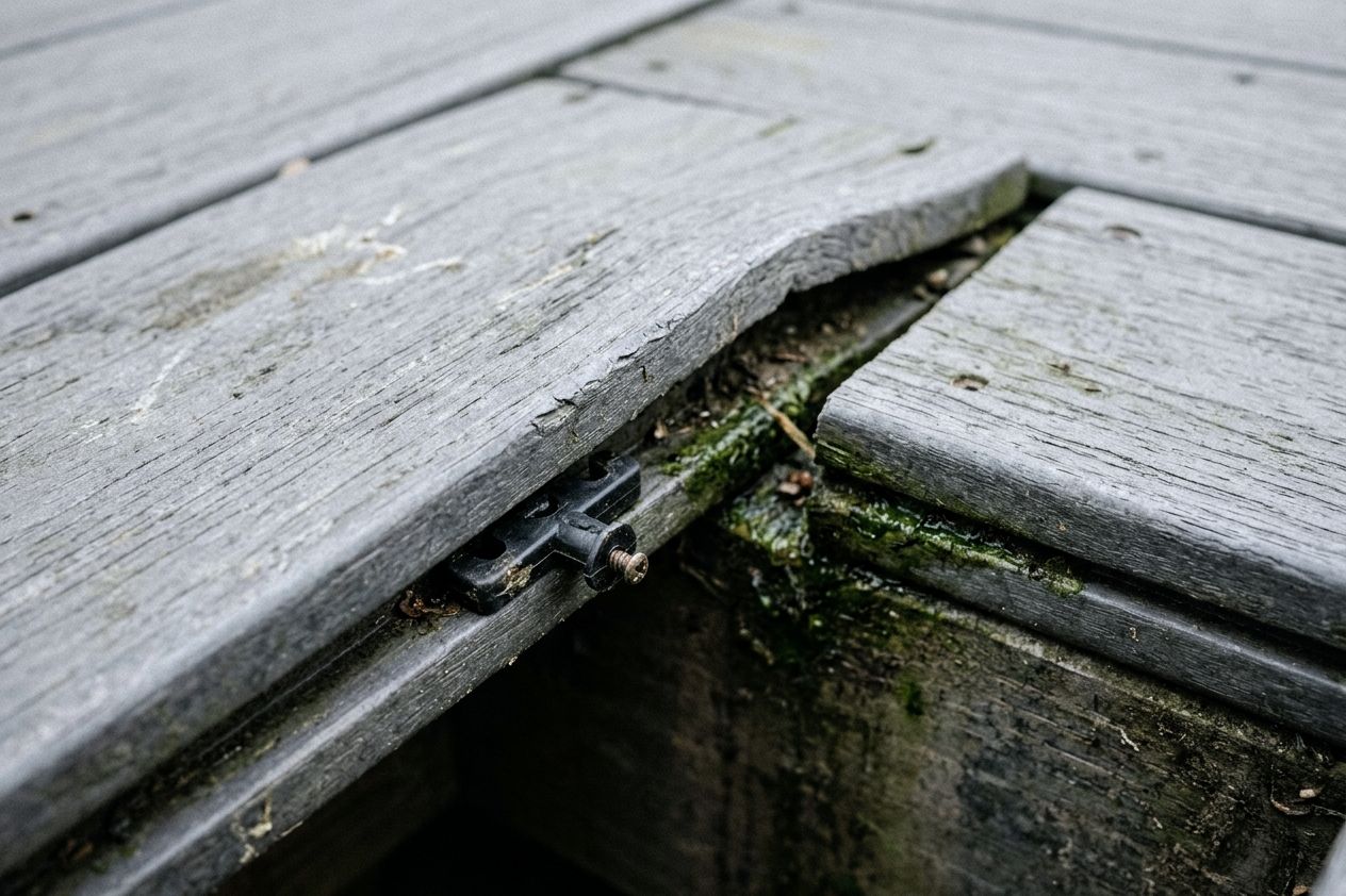 A grey composite board end lifted above its neighbour at a butt joint, with a loose clip showing